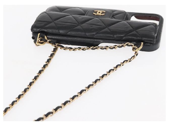 Capa para iPhone 13 Pro Max CHANEL Matelasse Chain em pele de cordeiro preta CC Auth BA8062 Preto Dourado - vista 6
