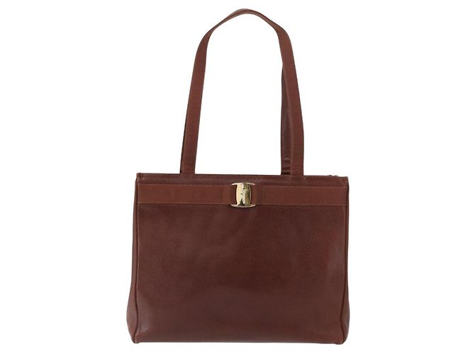 Salvatore Ferragamo Tote Bag Leather Embossed Brown Gold Auth 152061 - view 13