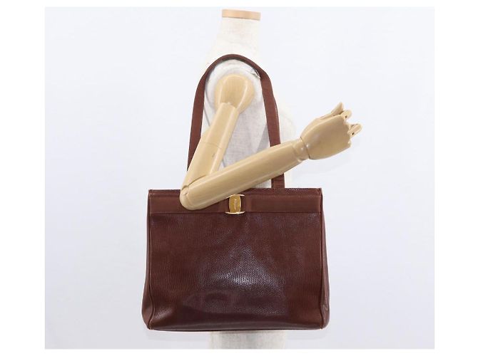 Salvatore Ferragamo Tote Bag Leather Embossed Brown Gold Auth 152061 - view 21