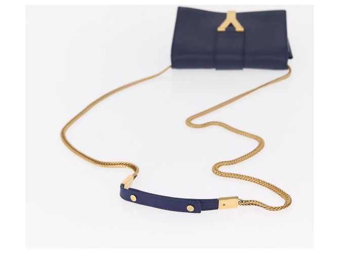Borsa piccola Y Line Chain in pelle blu e oro Auth BA8058 di SAINT LAURENT D'oro - vista 7