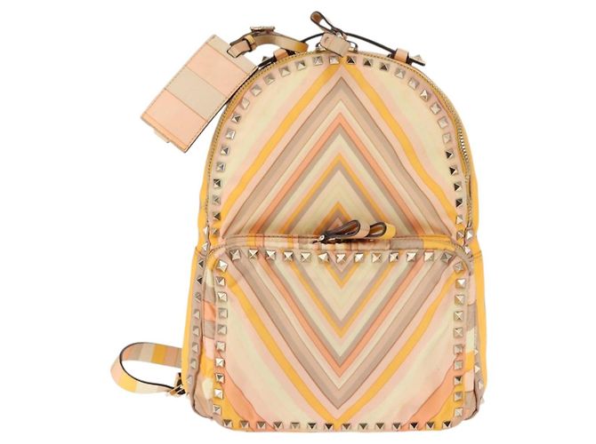 Zaino Valentino Studs in nylon e pelle beige arancione Auth BA6887 - vista 13