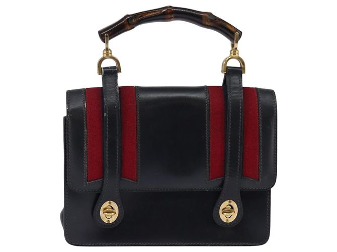 Borsa a mano in pelle GUCCI Bamboo Sherry Line blu navy rosso oro Auth SW1701 D'oro - vista 13
