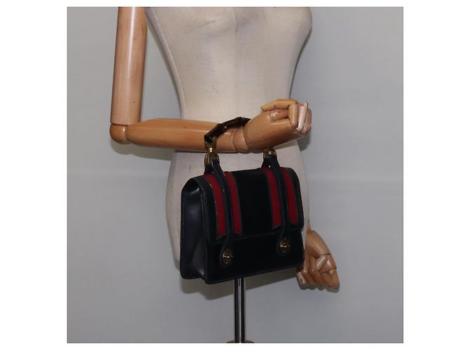 Borsa a mano in pelle GUCCI Bamboo Sherry Line blu navy rosso oro Auth SW1701 D'oro - vista 20