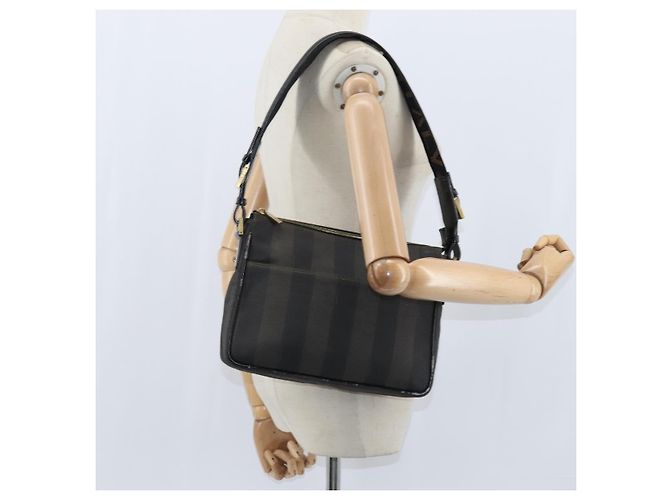 Pequin Borsa a Spalla in Tela Pecan FENDI PVC Nero Marrone Auth 150756 - vista 21