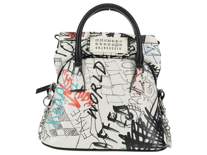 Autre Marque Borsa a mano con catena in pelle 2 in 1 Maison Margiela Bianco Nero Argento Auth 128505M - vista 2