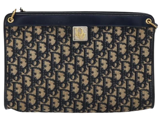 Borsa a Spalla in Tela Trotter Christian Dior Blu Navy Oro Auth ep11547 D'oro - vista 2