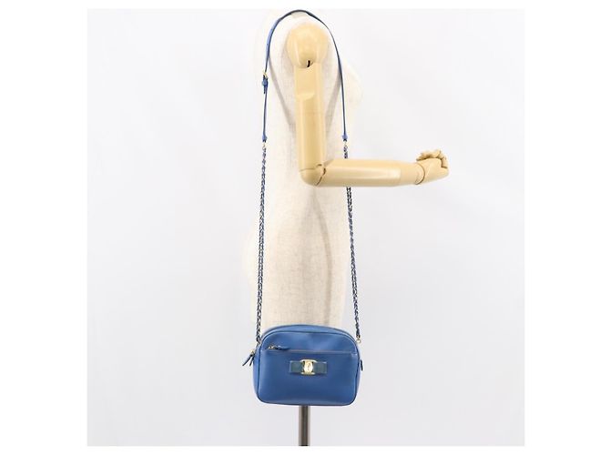 Borsa a Spalla Vala Chain in Pelle Blu Oro Salvatore Ferragamo Auth ka240 D'oro - vista 22