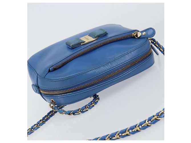 Borsa a Spalla Vala Chain in Pelle Blu Oro Salvatore Ferragamo Auth ka240 D'oro - vista 6