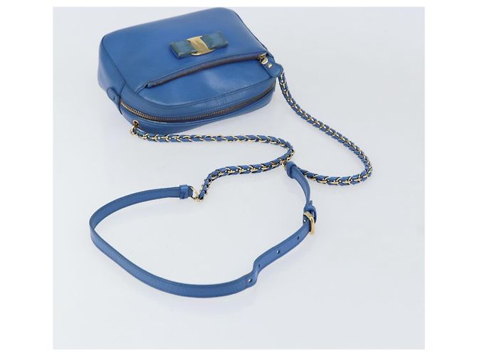 Borsa a Spalla Vala Chain in Pelle Blu Oro Salvatore Ferragamo Auth ka240 D'oro - vista 7