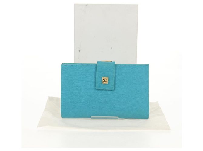 Christian Dior Langer Geldbeutel aus Leder Hellblau Gold Auth 154096V - Ansicht 12