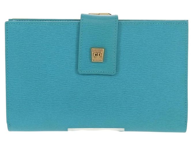 Christian Dior Langer Geldbeutel aus Leder Hellblau Gold Auth 154096V - Ansicht 13