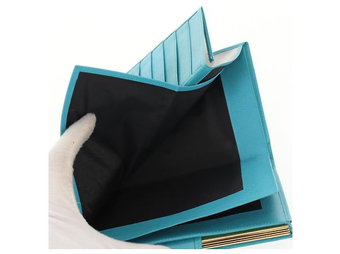 Christian Dior Langer Geldbeutel aus Leder Hellblau Gold Auth 154096V - Ansicht 22