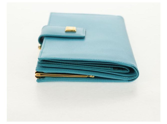 Christian Dior Langer Geldbeutel aus Leder Hellblau Gold Auth 154096V - Ansicht 3