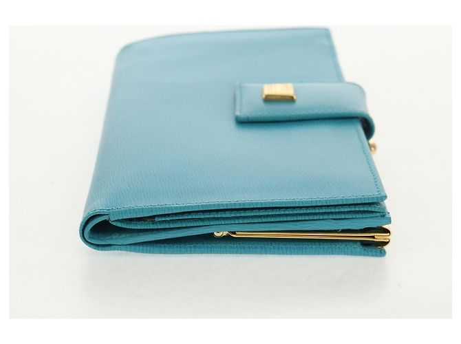 Christian Dior Langer Geldbeutel aus Leder Hellblau Gold Auth 154096V - Ansicht 4