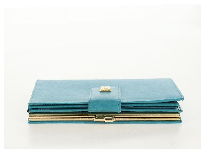 Christian Dior Langer Geldbeutel aus Leder Hellblau Gold Auth 154096V - Ansicht 5