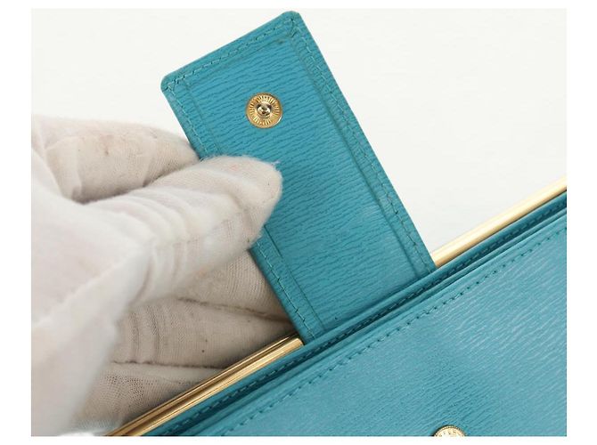 Christian Dior Langer Geldbeutel aus Leder Hellblau Gold Auth 154096V - Ansicht 7