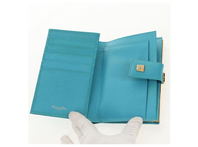 Christian Dior Langer Geldbeutel aus Leder Hellblau Gold Auth 154096V - Ansicht 8