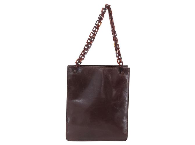 PRADA Borsa a mano con catena in pelle marrone Auth bs30545 - vista 2