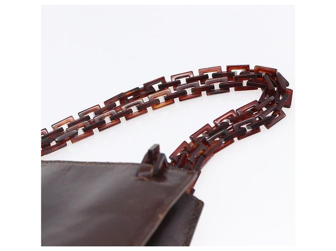 PRADA Borsa a mano con catena in pelle marrone Auth bs30545 - vista 8