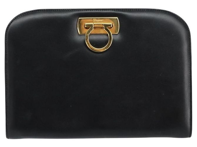 Bolsa de Ombro em Couro Gancini Chain Salvatore Ferragamo Preto Dourado Auth BA7978 - vista 13