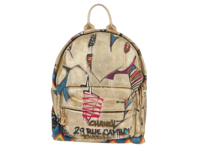 CHANEL Graffiti Backpack Canvas Gold CC Auth 148460SAM Golden - view 13