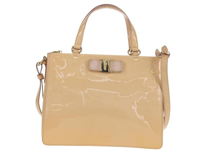 Borsa a Mano Salvatore Ferragamo Smalto 2 vie Beige Oro Auth BA7537 - vista 13
