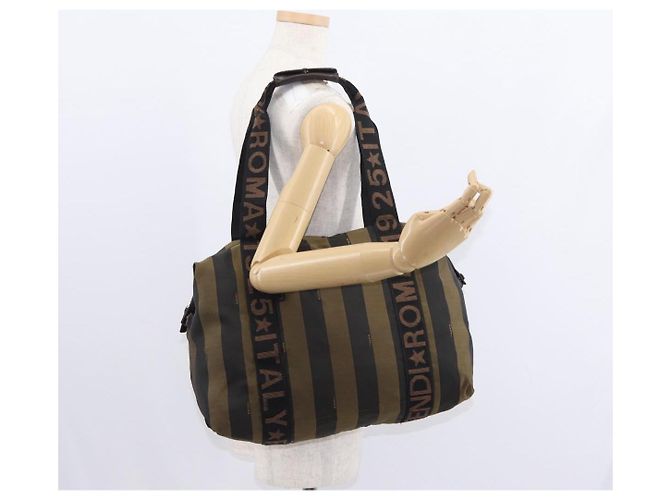 Pequin Borsa a mano in tela Pecan FENDI in nylon nero e marrone Auth bs30795 - vista 20