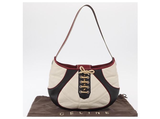 Céline Borsa a Spalla CELINE Coppa del Mondo 2002 Pelle Bianca Nera Argento Auth mr1649 Nero Bianco - vista 12