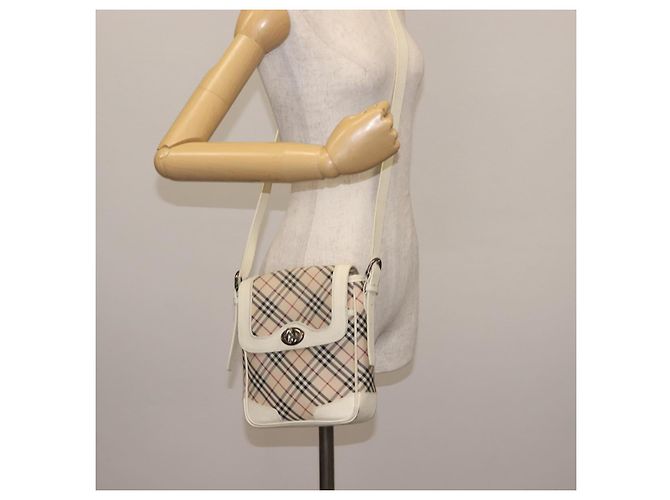 Burberry Bolsa de Ombro Nova Check em Lona Bege e Branca Auth BA6890 Branco - vista 22