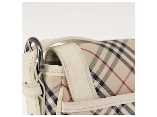 Burberry Bolsa de Ombro Nova Check em Lona Bege e Branca Auth BA6890 Branco - vista 3