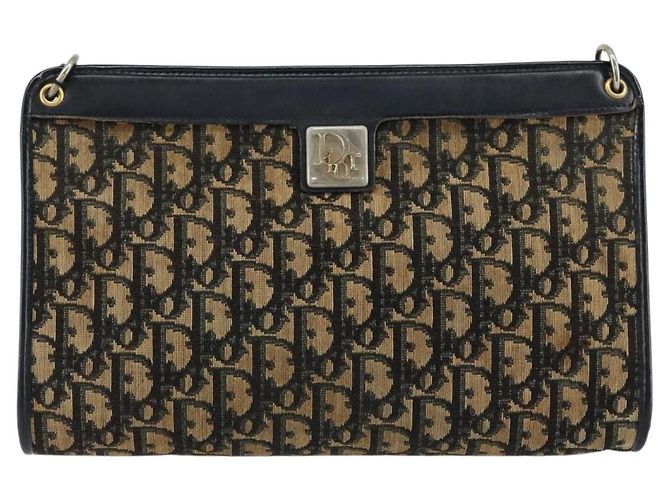 Borsa a Spalla in Tela Trotter Christian Dior Blu Navy Oro Auth 154328 D'oro - vista 13