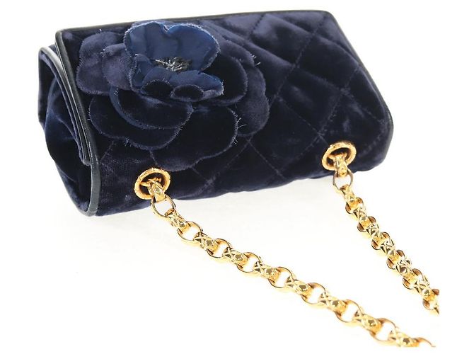 CHANEL Borsa a Catena Camelia Matelassé Velluto Blu Navy Oro CC Auth bs29963V D'oro - vista 6