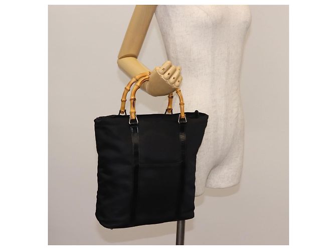 Borsa a mano in nylon nero GUCCI Bamboo Auth ep11126 - vista 21