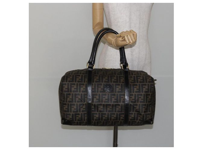 Bolso Boston de lona Zucca FENDI PVC Negro Marrón Auth 145332 Castaño - vista 21