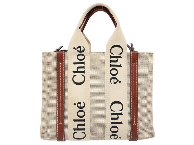 Chloé Borsa a mano Woody Chloe in tela e pelle 2 in 1 beige oro Auth BA8173 D'oro - vista 13