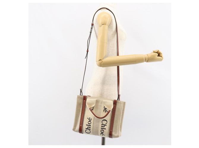 Chloé Borsa a mano Woody Chloe in tela e pelle 2 in 1 beige oro Auth BA8173 D'oro - vista 22