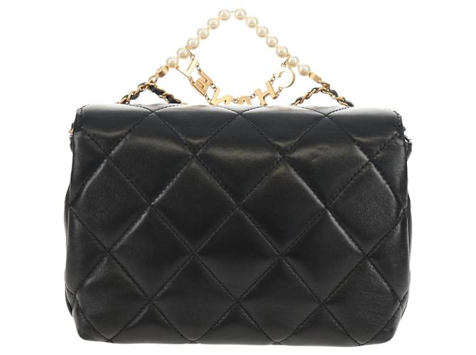CHANEL Borsa a Catena Matelassé con Charm Perla Pelle di Agnello Nero Oro CC Auth 146362SM D'oro - vista 2