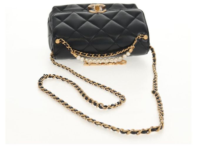 CHANEL Borsa a Catena Matelassé con Charm Perla Pelle di Agnello Nero Oro CC Auth 146362SM D'oro - vista 7