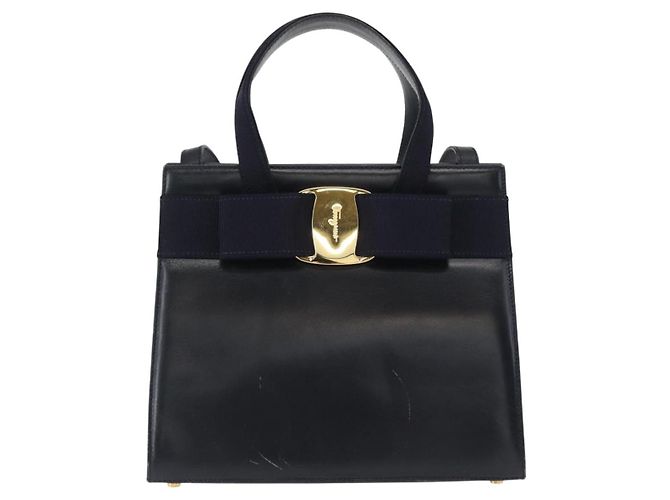 Borsa a mano in pelle Salvatore Ferragamo Vala 2 in 1 Blu Navy Oro Auth 156941 - vista 2