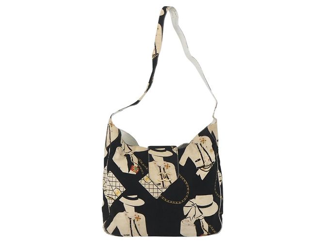 Bolsa de Ombro CHANEL em Lona Preta Dourada CC Auth 156515 Preto Dourado - vista 2