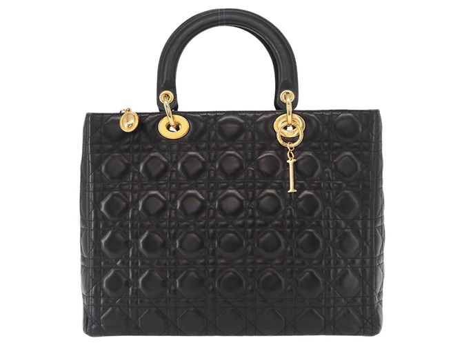 Christian Dior Borsa Tote Lady Dior Canage in Pelle di Agnello Nera Oro Auth 157801 Nero D'oro - vista 2