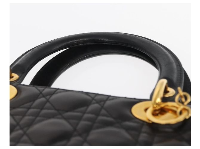Christian Dior Borsa Tote Lady Dior Canage in Pelle di Agnello Nera Oro Auth 157801 Nero D'oro - vista 8