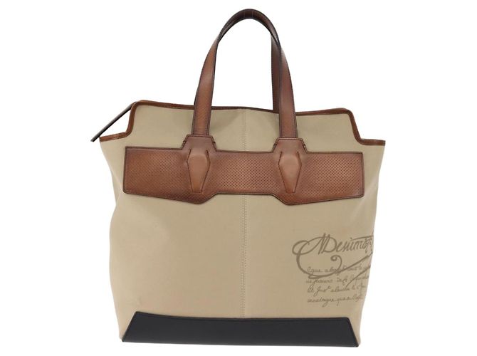 Berluti Calligraphy Tote Bag aus Canvas und Leder Beige Silber Authentisch bs29891 - Ansicht 13