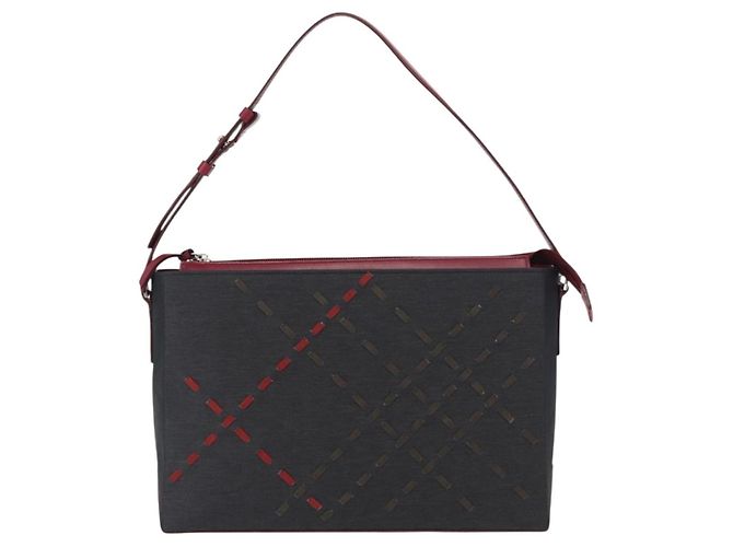 Burberry Borsa a Spalla Nova Check in Nylon e Pelle Grigia Argento Auth ka787 Marrone - vista 2