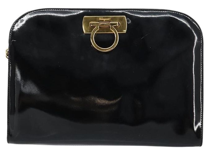 Borsa a Spalla Chain Gancini Salvatore Ferragamo Smalto Nero Oro Auth 157615 - vista 2