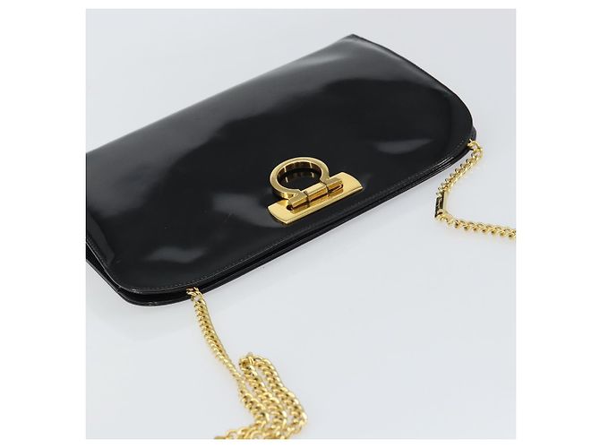 Borsa a Spalla Chain Gancini Salvatore Ferragamo Smalto Nero Oro Auth 157615 - vista 6