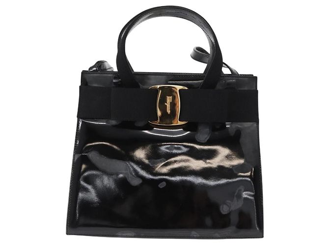 Borsa a Mano Salvatore Ferragamo Vala Smalto 2 vie Nero Oro Auth 156283 - vista 2