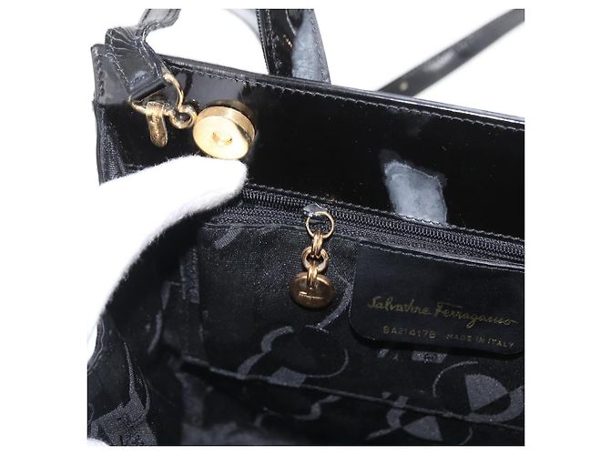 Borsa a Mano Salvatore Ferragamo Vala Smalto 2 vie Nero Oro Auth 156283 - vista 22