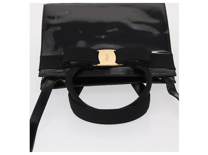 Borsa a Mano Salvatore Ferragamo Vala Smalto 2 vie Nero Oro Auth 156283 - vista 6