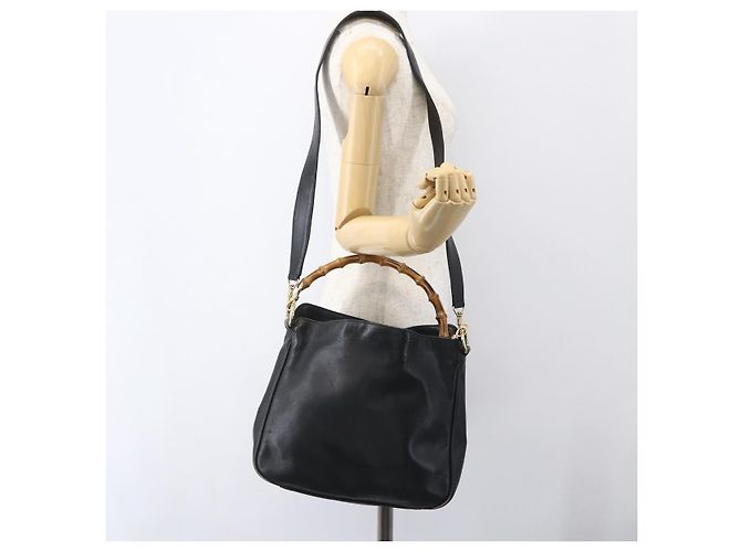 Borsa a mano in pelle GUCCI Bamboo 2 in 1 Nero Oro 001 1633 Auth 156256 - vista 23